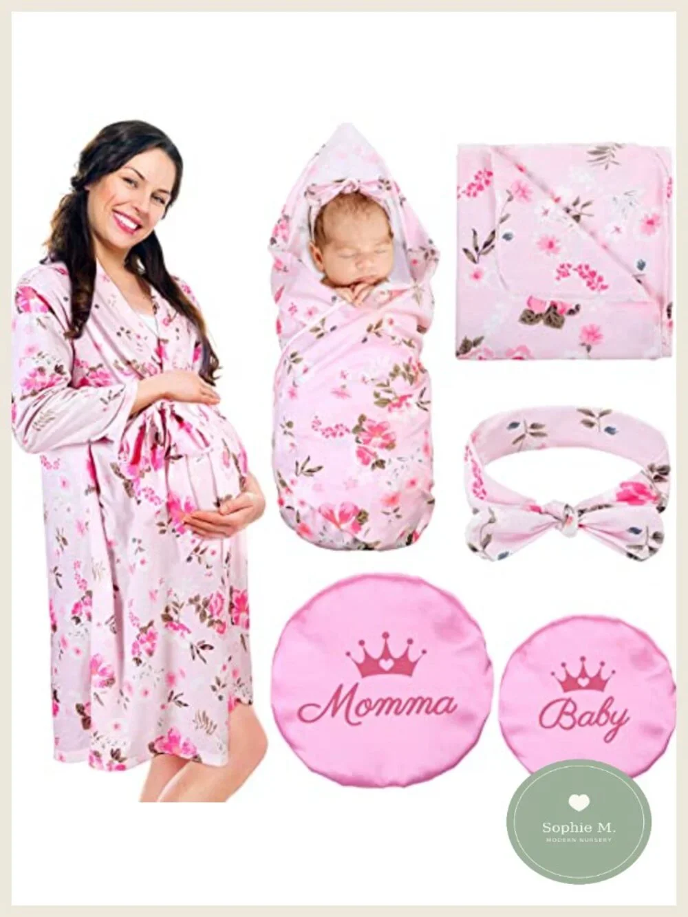 Maternity Robe & Baby Matching Hospital Outfit Set with Swaddle, Caps, Headband